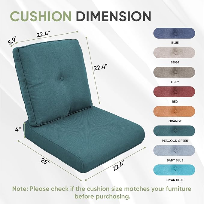 Outdoor Chair Cushion Set, 25 x 22 Deep Seat Cushion, Patio Chair Cushions for Outdoor, Include 1 Seat Cushion and 1 Back Cushion, Peacock Green