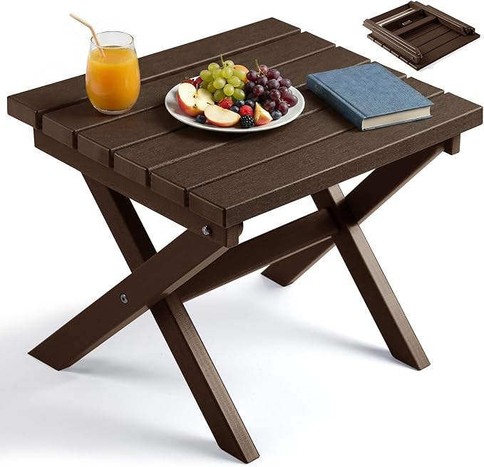 PASAMIC Folding Outdoor Side Table, HDPE Adirondack Patio End Table, Portable, No Assembly, Weather-Resistant for Camping, RV, Poolside, Garden, Indoor & Outdoor Use (Brown)