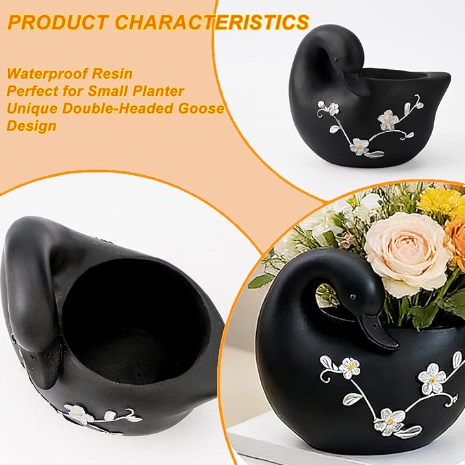 Teaeeno Decorative Garden Swan Planters Succulent Pots Indoor Unique Flower Plant Pots Cement Swan Decor Home Garden Balcony Decor (Black)