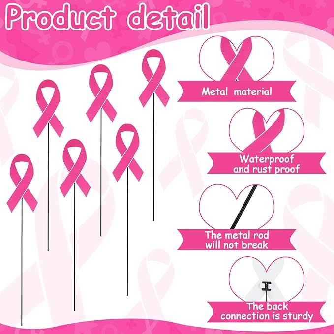Pickmesh 6 Pcs 12" Breast Cancer Awareness Barn Metal Garden Stake Pink Ribbon Yard Sign Yard Stake for Breast Cancer Awareness Planter Pot Walkway Pathway Outdoor Decor Lawn Decoration