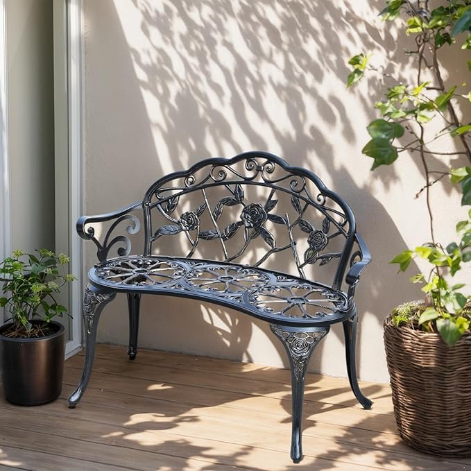 Cast Aluminium Outdoor Bench, Rose Garden Bench for Patio,Park,Lawn,Yard(Bronze)