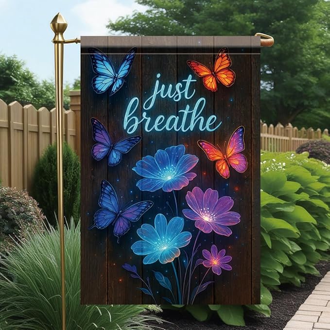 Just Breathe Garden Flag 12x18 Inch Double Sided Outdoor Yard Banner Blue and Orange Butterflies with Glowing Flowers Inspirational Quote Decor for Spring Summer Garden Decoration