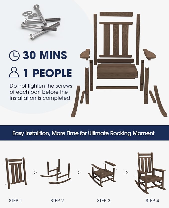 KINGYES Oversized Outdoor Rocking Chair, All-Weather Patio Rocking Chairs for Porch, HDPE Outdoor Patio Rockers with High Back & Wide Seat for Garden, Lawn, Brown