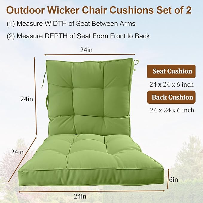 2 Piece Outdoor Patio Chair Cushions, Fade Resistant Outdoor Cushions for Patio Furniture, 6 inch Thickened Rocking Chair Cushions Set (Light Green, 24x24x6 inch - 2 Pieces)