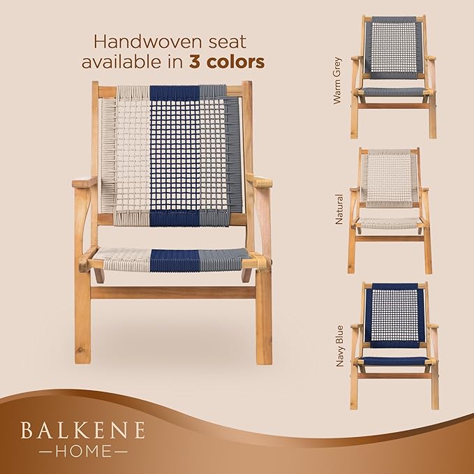 Balkene Home 63634 Vega Natural Stain Outdoor Chair Acacia Wood Construction Woven Web Seat Mid Century Design Comfortable Reclining Armchair Patio Lawn Garden Backyard Deck - Navy Blue Cording