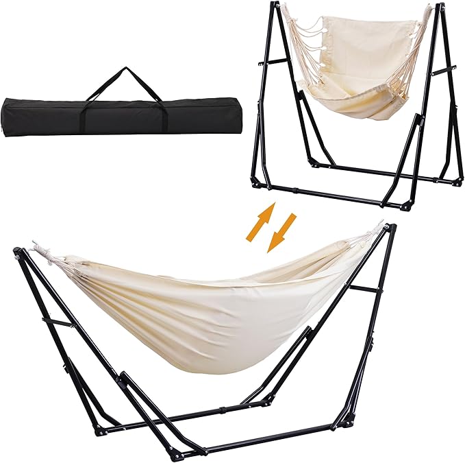 Ainfox Hammock with Foldable Stand, 2 in 1 Hammock and Swinging Chair with Carrying Bag, Portable Camping Chair Suitable for Outside, Swing,Patio,Garden,Camping Trip Beige