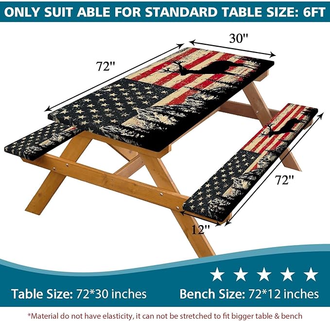 Picnic Table Cover with Bench Covers Elastic Edges, Rustic Farmhouse American Flag Camper Fitted Table Cover, Outdoor Camping Essentials, Waterproof Camping Tablecloth with Drawstring Bag, 72In 3PCS