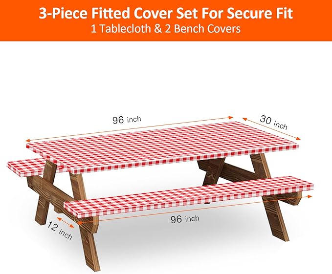 KENOBEE 8ft Picnic Table and Bench Cover, Camping Essentials RV Gear, 96 in Waterproof Windproof Outdoor Elastic All Around Tablecloth, Fitted Rectangle Tables and Seats, Red-White Checkered
