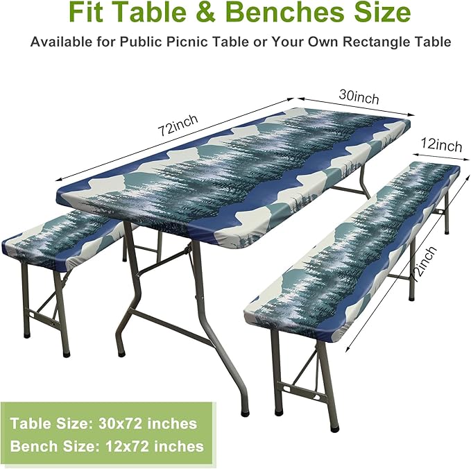 ICOSY Picnic Table Cover with Bench Covers 30 x 72 inch, Windproof Camping Essentials Table Cloths Fitted Rectangle Tablecloth for 6 Foot Tables, Camping Gifts Accessories for RV Campers