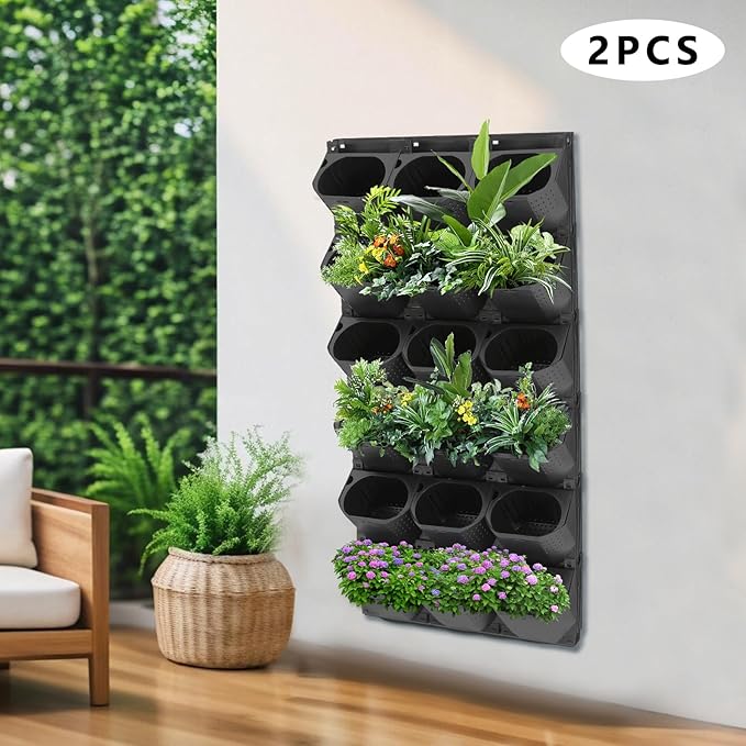 Wall Planter with 36 Pots, Wall-Mounted Indoor & Outdoor Flower Pot Holder, Vertical Garden Plastic Planter for Flowers, Vegetables, Grass (Black)