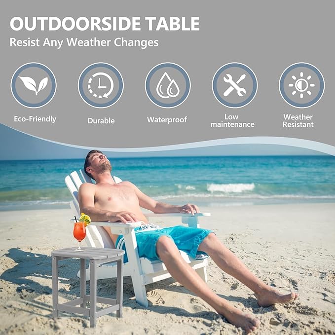 Outdoor Adirondack HDPE Side Table, Wooden Textured, Set for Patio, Garden, Porch, Pool Composite Patio, Backyard, Bathroom and Indoor, Maintenance & Weather Resistant