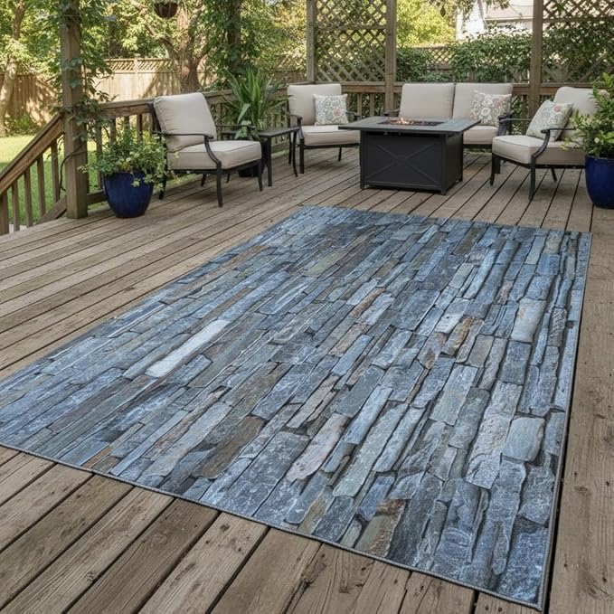 Vintage Rock Wall Stone Pattern Outdoor Area Rug 6x8 Gray Brown Stone Texture Waterproof Outdoor Rugs for Patio Courtyard Balcony Deck Garden Outside Carpet Thin Washable Stain Resistant Floor Mat