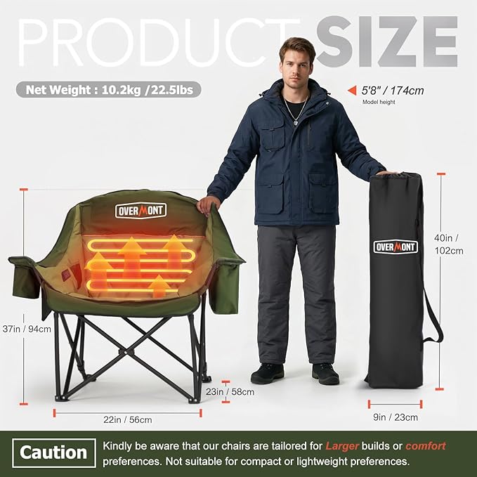 Overmont Heated Oversized Camping Chair for Adults - 3 Heat Levels Seat & Back Separately Control - 400lbs Support Heavy Duty Padded Folding Chair Outdoor Garden Portable - Battery NOT Included