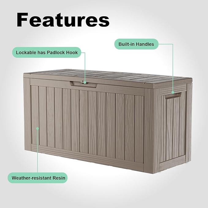 86 Gallon Outdoor Deck Box, Lockable Waterproof Outdoor Storage Boxes For Garden Tools,Indoor Cushions,Accessories Outside Storage Resin Weatherproof Container(Grey)