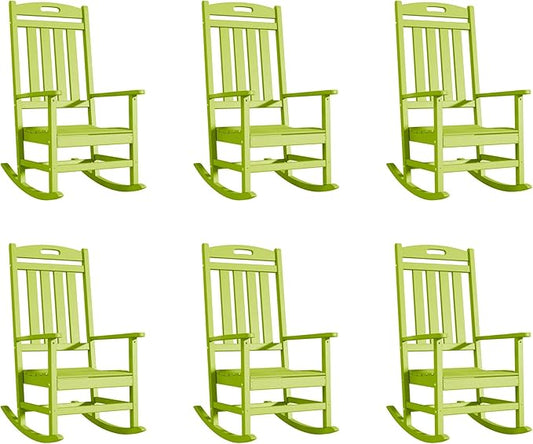 Outdoor Rocking Chair Set of 6, High Back Plastic Patio Rocking Chairs for Outside Porch Rocker Garden Lawn, All-Weather Resistant Poly Lumber Rocker Chair Outdoor, Lime