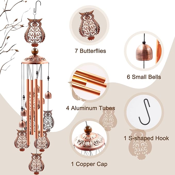 Wind Chimes Outdoor Clearance, Ukulork Owl Aluminum Tube Windchime with S Hook,Patio Garden Decor, Housewarming Gift.