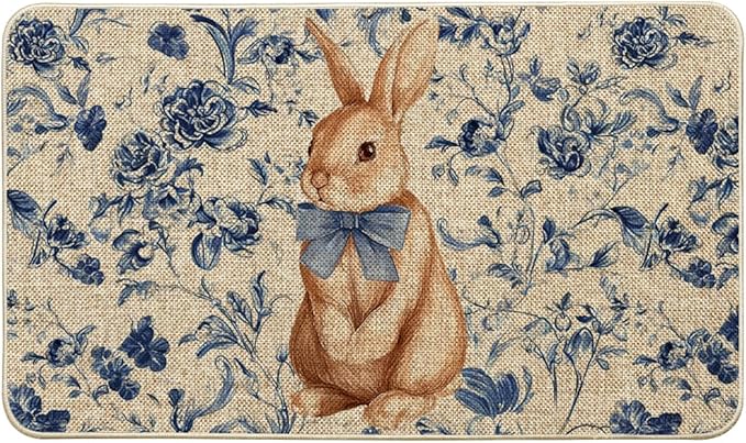 Artoid Mode Rabbit Bunny Blue Porcelain Flowers Bow Easter Doormat, Home Decor Low-Profile Switch Rug Door Mat Floor Mat for Indoor Outdoor 17x29 Inch