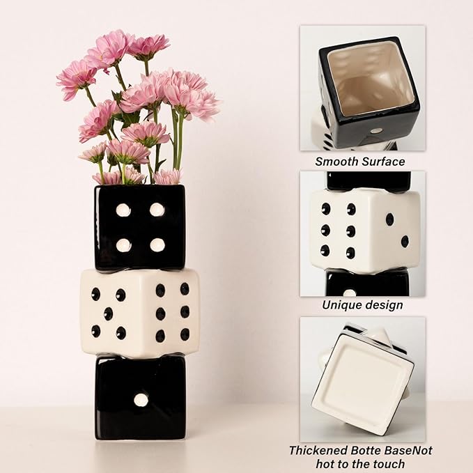 Unique Handmade Dice Vase - Stylish Black & White Ceramic Decor for Home, Bar | Geometric Design Perfect for Fresh, Dried, or Artificial Flowers | Eye-Catching Centerpiece & Decorative Accent