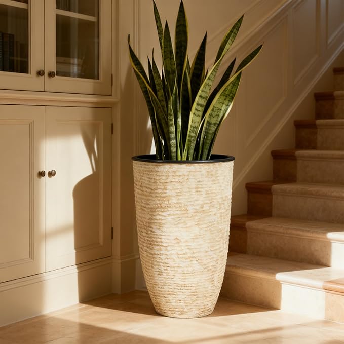 WORTH Garden 2-Pack 21" H. Beige Tall Planters with Inside Pots - 14'' Dia Plastic Large Round Plant Tree Pots - Decorative Imitation Stone Finish for Indoor Outdoor Front Porch Container Patio