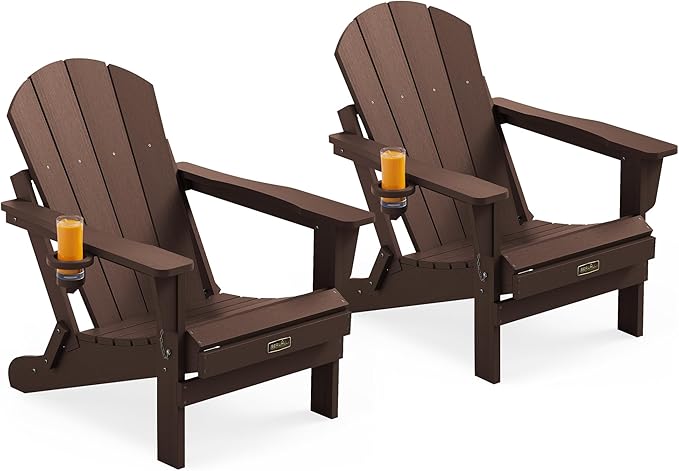 SERWALL Folding Adirondack Chair Set of 2, All Weather Adirondack Chairs with Cup Holder for Patio Garden Outdoors Fire Pit - Coffee