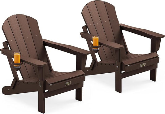 SERWALL Folding Adirondack Chair Set of 2, All Weather Adirondack Chairs with Cup Holder for Patio Garden Outdoors Fire Pit - Coffee