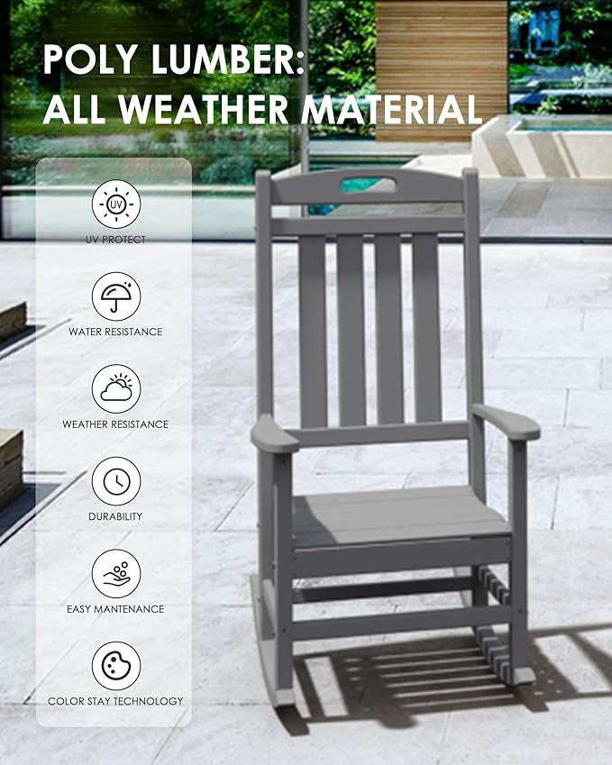 Outdoor Rocking Chair, All-Weather Resistant Poly Lumber Rocker Chair Outdoor, High Back Plastic Patio Rocking Chairs for Outside Porch Rocker Garden Lawn, Slate Grey