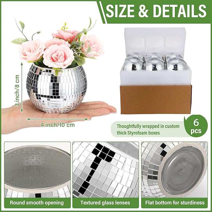 6 Pieces Disco Ball Flower Vase Mirror Disco Ball Glass Vase Planter Candle Holder Glass Vase Bulk for Wedding Centerpieces Bedroom Kitchen Office Decoration Birthday(Silver, 3 x 4 Inch)