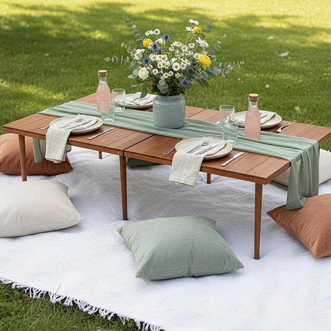 1 Set Low Picnic Table, Foldable Boho Picnic Table with Extra Large Outdoor Camping Blanket Portable Boho Wood BBQ Tables for Camping Wedding Beach BBQ Party (for 4 Person,Brown)