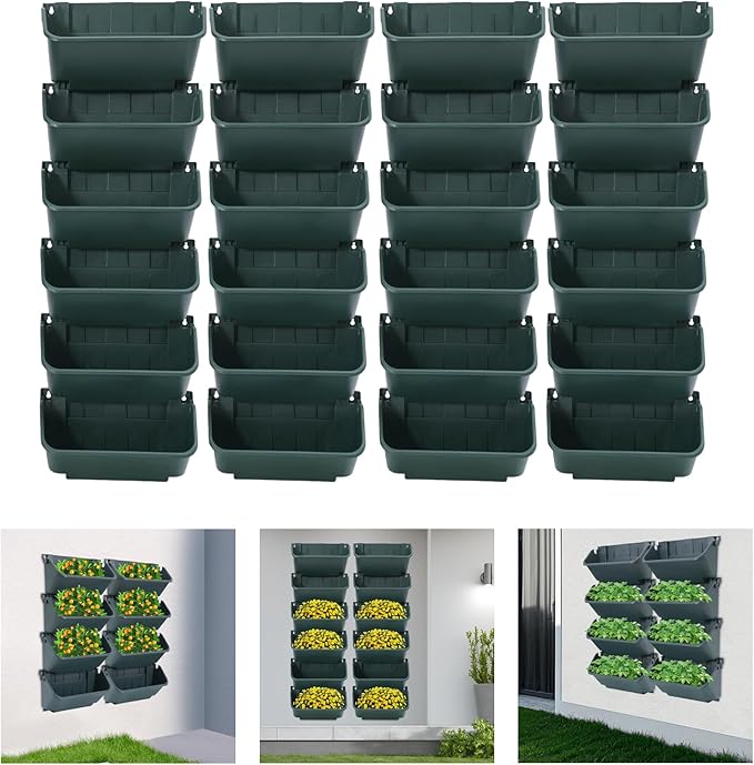 Eapmic Vertical Wall Planter with 24 Pots, Hanging Garden Plant Flowerpot Holder, Stackable Wall-Mounted Planter, Balcony Planters for Flowers Vegetables Fruits (Army Green, 24 Pots)