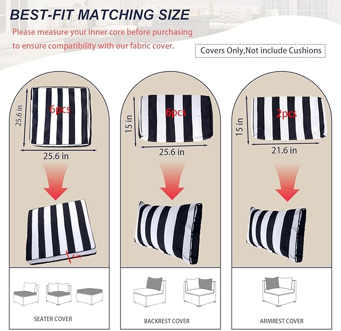 Outdoor Cushion Covers for Patio Furniture, Patio Cushion Covers Replacement with Zipper, Waterproof & Fade Resistant,Only Cover (Black and White Stripes, 25.6Lx25.6Wx4H - Only Covers)