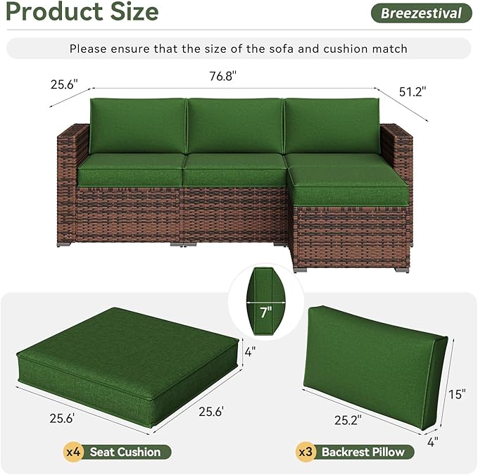 Replacement Cushions for Outdoor Furniture, 7-Piece Outdoor Cushions for Patio Furniture, Waterproof & Fade Resistant Couch Cushion for 4-Seat Patio Conversation Sets, Dark Green