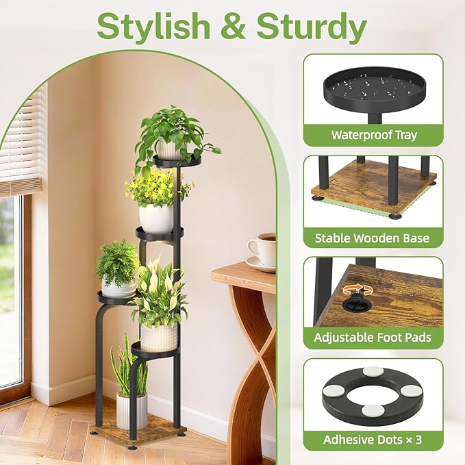 iDavosic.ly Tall Plant Stand Indoor with Grow Light, 4 Tier Corner Multiple Flower Holder Shelf with Metal Trays, Space Saving Display Rack for Living Room Balcony Patio Porch | Black & Brown