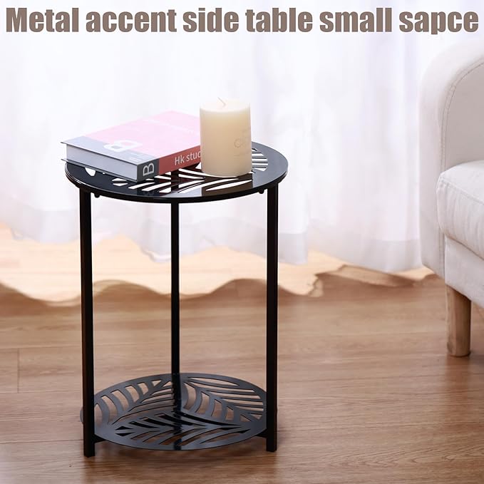13" Two-tiered Metal Round Side Tables Small Black Outside End Table for Patio Round Accent Garden Corner Stand for Small Spaces Weather-resistant Outdoor Coffee Table for Balcony Porch Plant Stand