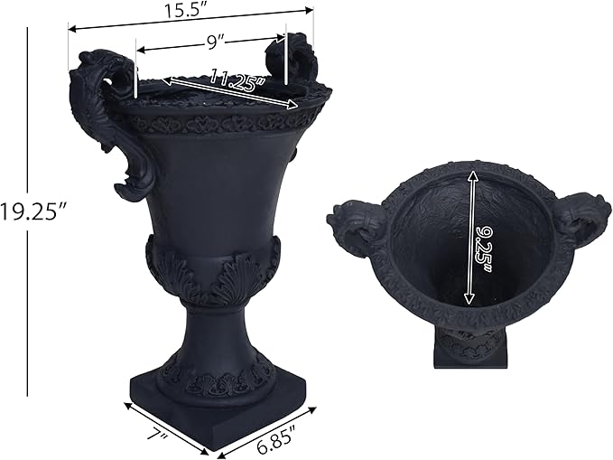 Christopher Knight Home Jorine Patio Planter, Light Concrete Planter, Mid-Centry Gadern Urn, Floral Relif Design Plant Pot, Large Garden Pot, Flower Urn with Drainage Hole for Backyard Home, Black