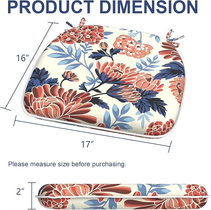 Outdoor Chair Cushions 16"x17" Set of 2, Water Resistant Patio Chair Pads with Ties, Seat Cushions for Home Garden Furniture Decoration, Red Chrysanthemum