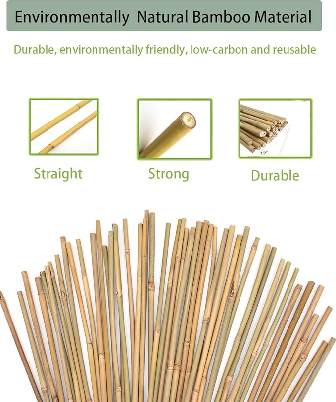 6 Ft Bamboo Stakes with 100 Twist Ties Natural Bamboo Garden Stakes for Tomatoes Cucumber Grapes Pole Beans Trees Potted Dahlia Flowers and Climbing Plants - Pack of 20 Bamboo Sticks