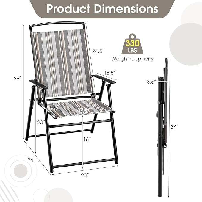 Giantex Patio Chairs Set of 4, Outdoor Folding Chairs with Armrests, Metal Frame, Outside Foldable Dining Chairs for Lawn Deck Porch Beach Yard (Stripe Pattern & Black)