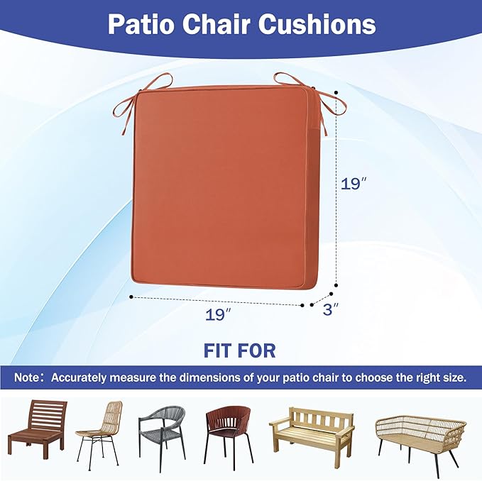 Patio Chair Cushions, 19" x 19" x 3" Outdoor Chair Cushions Set of 4, Waterproof Outdoor Cushions for Patio Furniture, Outdoors Seat Cushions Set of 4 with Handle and Ties, Spice