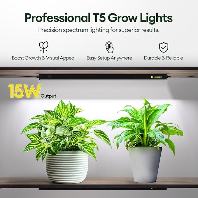 Grow Lights for Indoor Plants 2FT, Sun-Like Full Spectrum 5000K Grow Light, 60W(4 x 15W), T5 LED Grow Light Strips for Indoor Plants and Flowers, High PPFD, Linkable, Black, 4-Pack