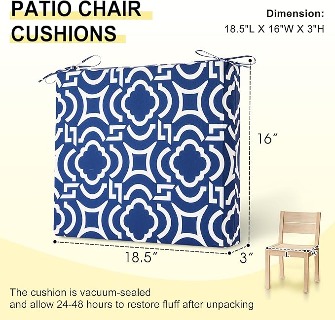 downluxe Outdoor Chair Cushions Set of 4 for Patio Furniture, Water-Resistant Square Corner Patio Chair Cushions with Ties, High Density Foam Outdoor Seat Cushion, 18.5" X 16" X 3", Circular Geometry