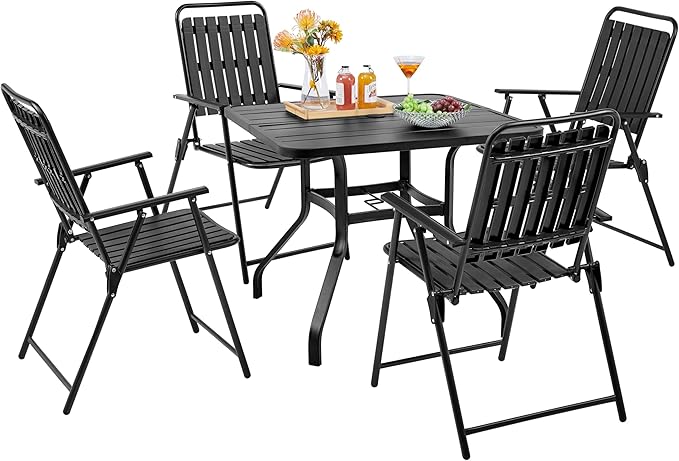 Yaheetech Folding Patio Chair Set of 4, Outdoor Dining Chair with Armrests, Plastic Patio Chair for Porch, Deck, Garden, Backyard, No Assembly Black