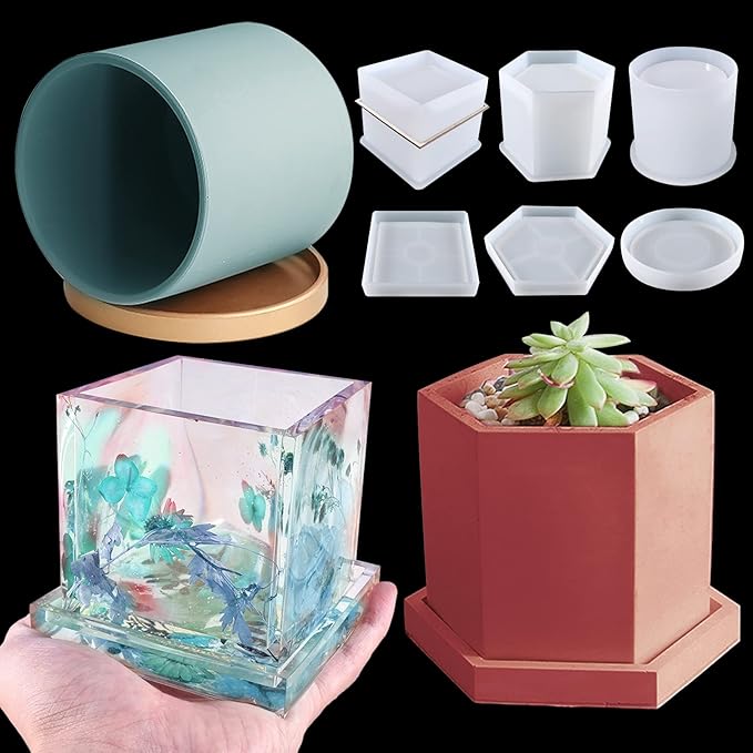 3 Sets Large Silicone Plant Molds, Container Coaster Resin Concrete Mold, Cylinder Cube Hexagon Silicone Mold for Candle Vessel Succulent Planter Pot Pen Holder Jar, Handmade Crafts Supplies