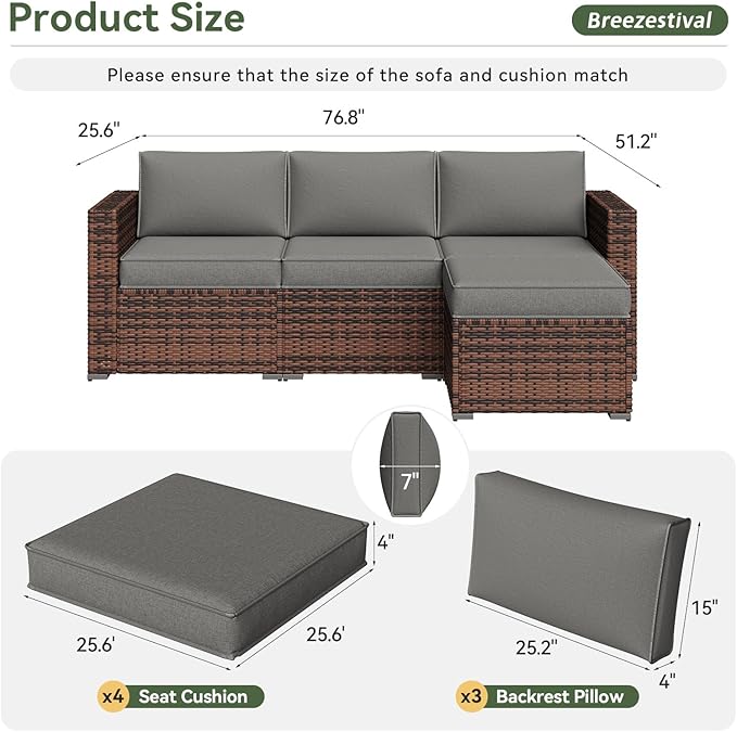 Replacement Cushions for Outdoor Furniture, 7-Piece Outdoor Cushions for Patio Furniture, Deep Seat, Waterproof & Fade Resistant Couch Cushion for 4-Seat Patio Conversation Sets, Grey