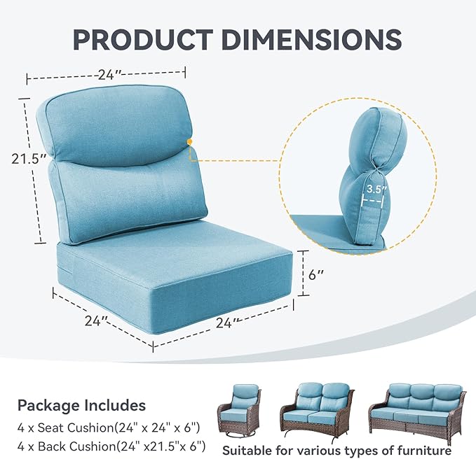 Outdoor Cushion Set for Patio Furniture, UV Resistant, Water Resistant - 6 Inch Thick Dual Layer Back Support Cushions– 24x24 Inch Patio Seat Covers for Chair/Sofa/Couch | Light Blue | 4-Pack |