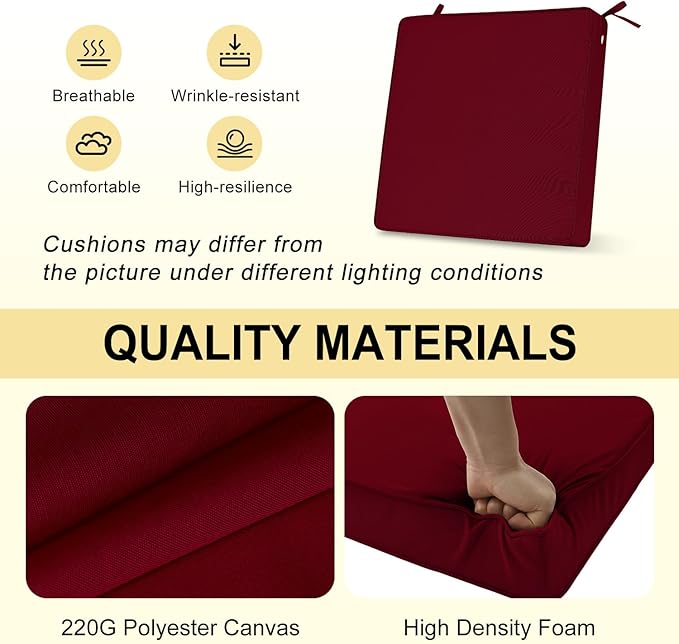 downluxe Waterproof Outdoor Chair Cushions for Patio Furniture, 22" x 22" x 3" Patio Chair Cushion with Adjustable Ties & Portable Handle, Square Outdoor Cushion with Removable Cover, Burgundy, 2 Pack
