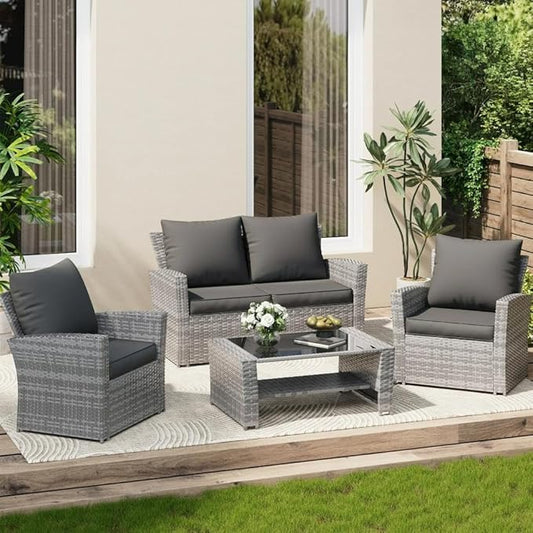4" Thick Comfortable & Soft Deep Seat Outdoor Patio Furniture Cushions Replacement 8 Pieces | Solid Dark Gray Grey Color Nonslip All Weather UV Fade Stain Water Resistant Sofa Couch Cushions