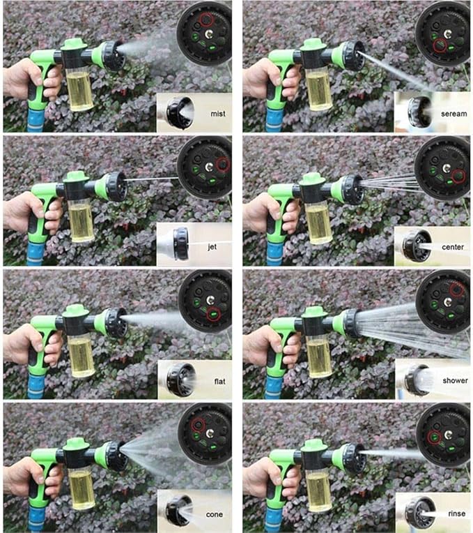 Multifunctional Car Wash Nozzle with Soap Dispenser - 8 in 1 High Pressure Garden Hose Nozzle - Car Foam Wash Gun - Black, Green, Transparent