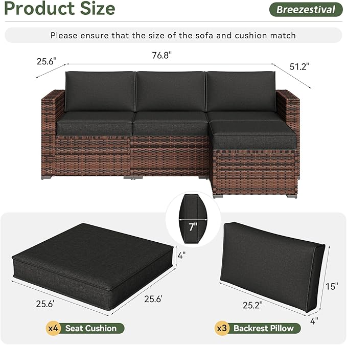 Replacement Cushions for Outdoor Furniture, 7-Piece Outdoor Cushions for Patio Furniture, Deep Seat, Waterproof & Fade Resistant Couch Cushion for 4-Seat Patio Conversation Sets, Black