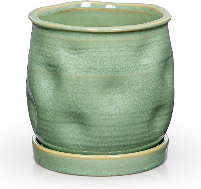 5.7 inch Ceramic Pots for Plants, Plant Pot with Drainage Hole and Saucer Sage Green Ceramic Indoor Planter with Tray Decorative Flower Pots for Succulent, Cactus, Snake Plant, Herb Indoor Outdoor