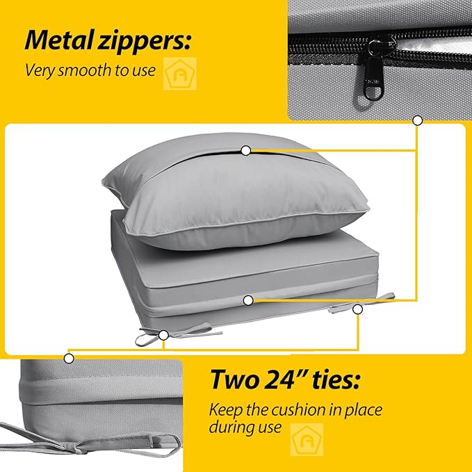 AAAAAcessories Outdoor Seat Cushions for Chairs, Fade-Resistant, Waterproof Patio Furniture Replacement Cushions, 24" x 24" x 5" + 24" x 19", Gray